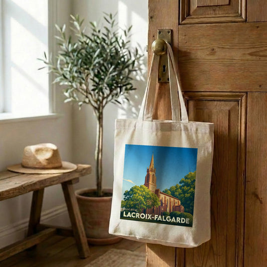 Tote bag souvenir de la ville de Lacroix-Falgarde avec une illustration stylisée d'une église.