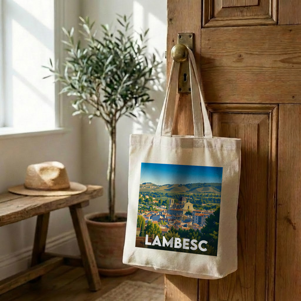 Tote bag souvenir de la ville de Lambesc avec une illustration stylisée.