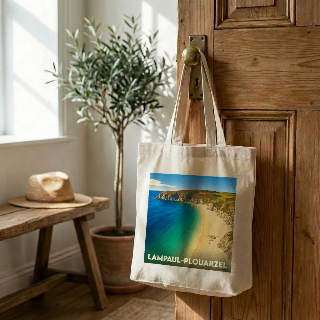 Tote bag souvenir de la ville de Lampaul-Plouarzel avec une illustration stylisée de sa côte.