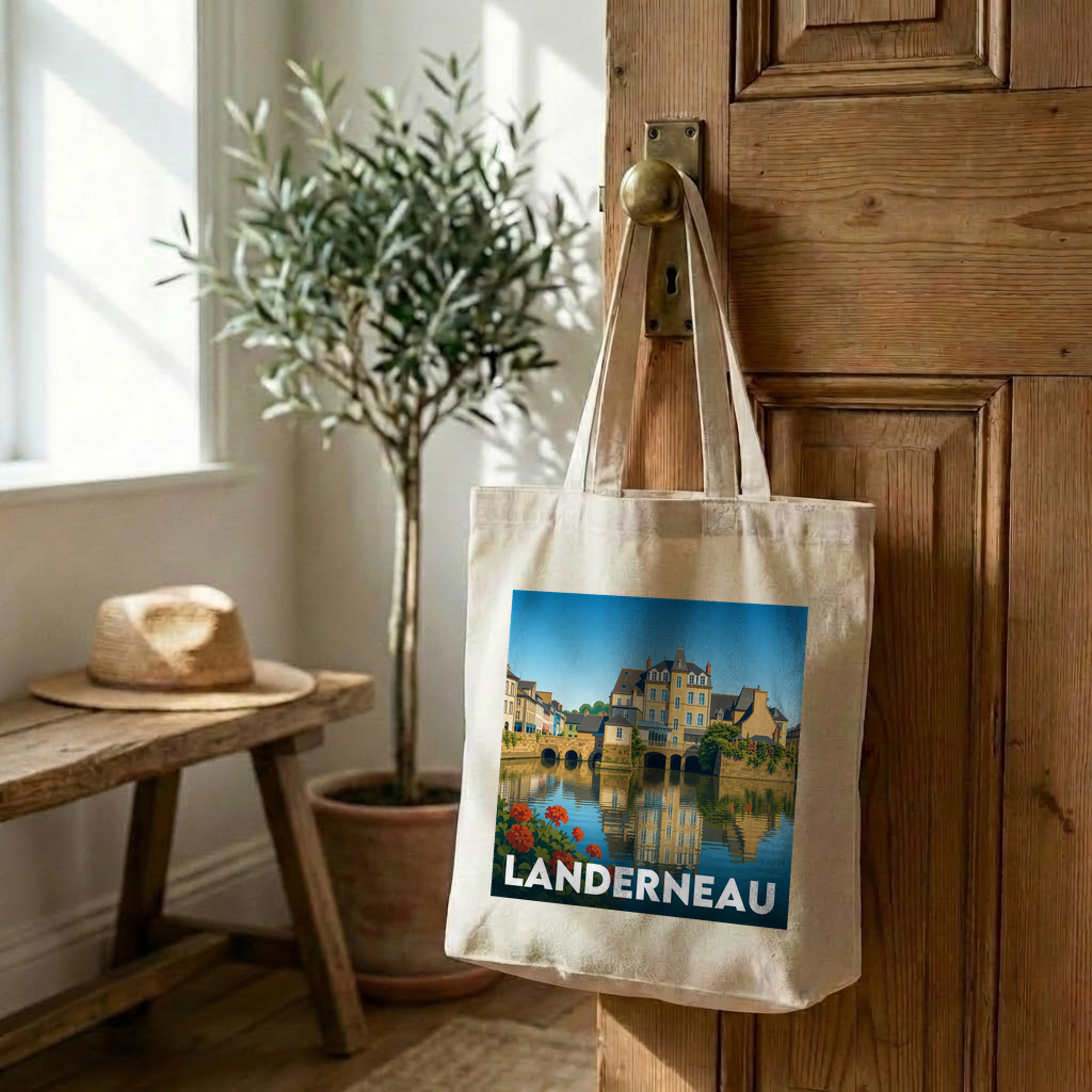 Tote bag souvenir de la ville de Landerneau avec une illustration stylisée.