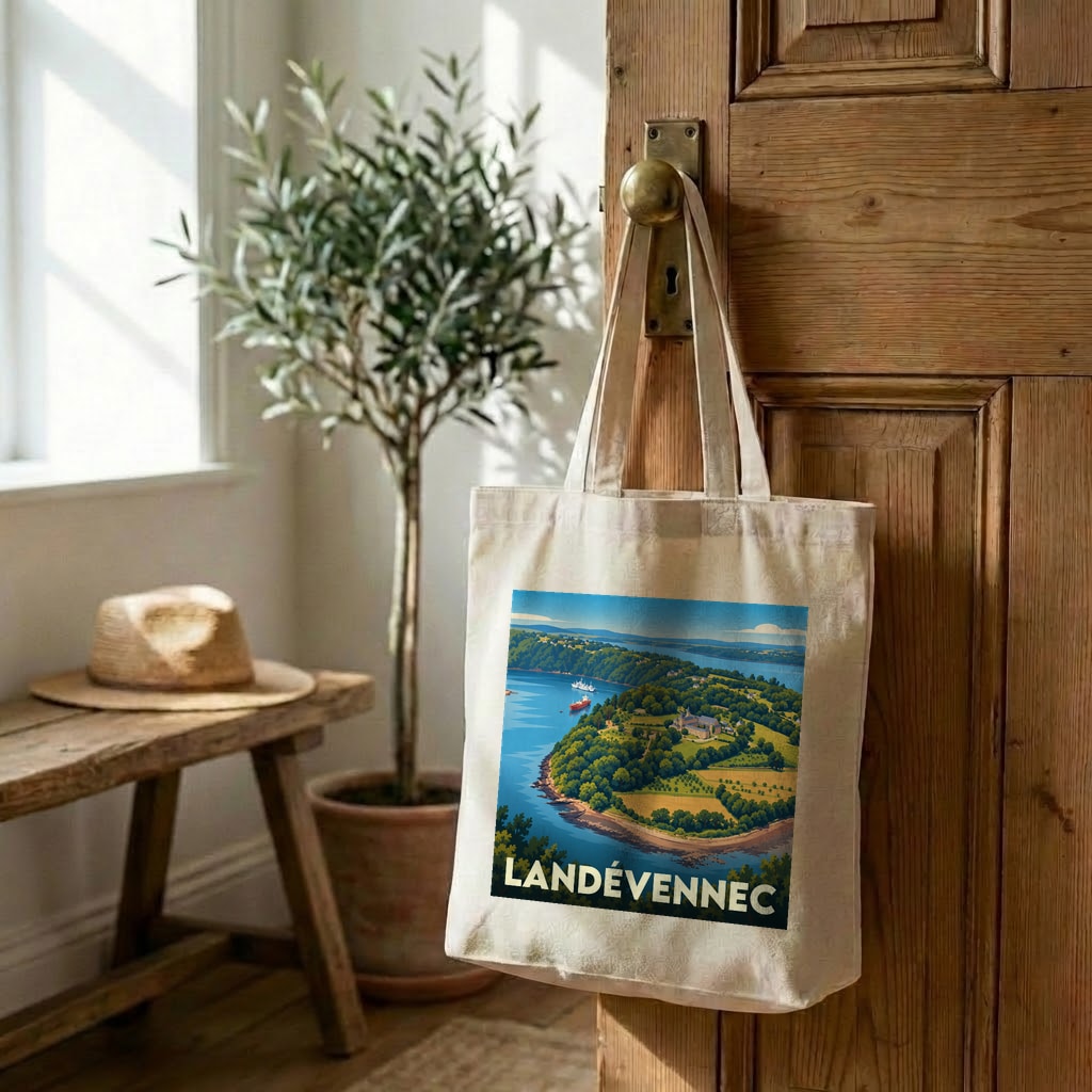 Tote bag souvenir de la ville de Landévennec avec une illustration stylisée.