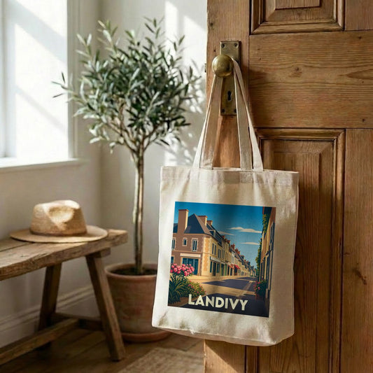 Tote bag souvenir de la ville de Landivy avec une illustration stylisée.