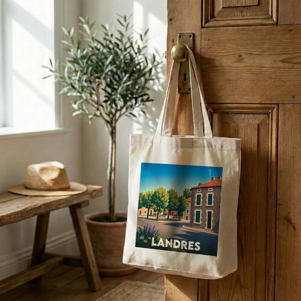 Tote bag souvenir de la ville de Landres avec une illustration stylisée.