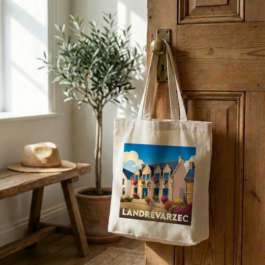 Tote bag souvenir de la ville de Landrévarzec avec une illustration stylisée et colorée.