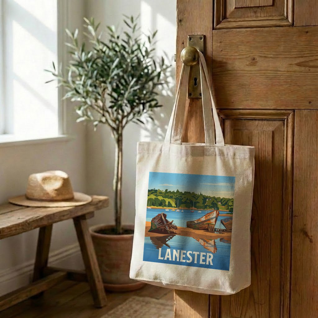 Tote bag souvenir de la ville de Lanester avec une illustration stylisée.