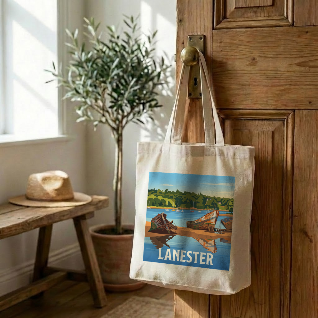 Tote bag souvenir de la ville de Lanester avec une illustration stylisée.