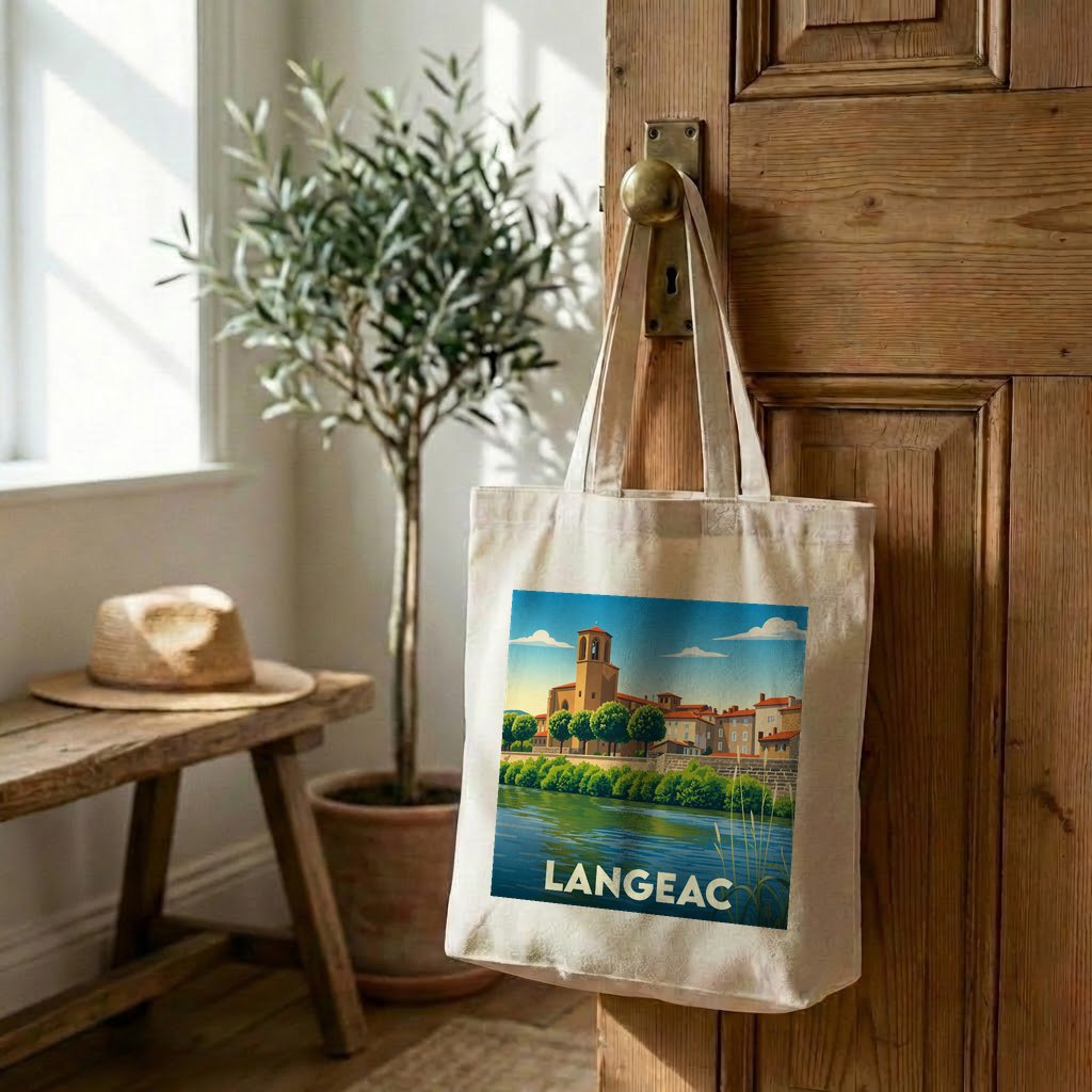 Tote bag souvenir de la ville de Langeac avec une illustration stylisée.