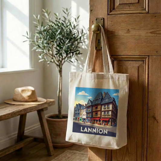 Tote bag souvenir de la ville de Lannion avec une illustration stylisée.