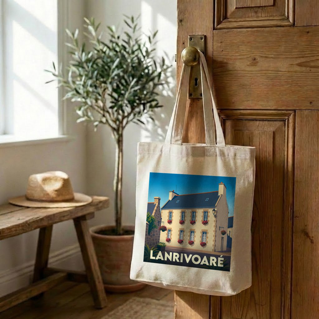Tote bag souvenir de la ville de Lanrivoaré avec une illustration stylisée.