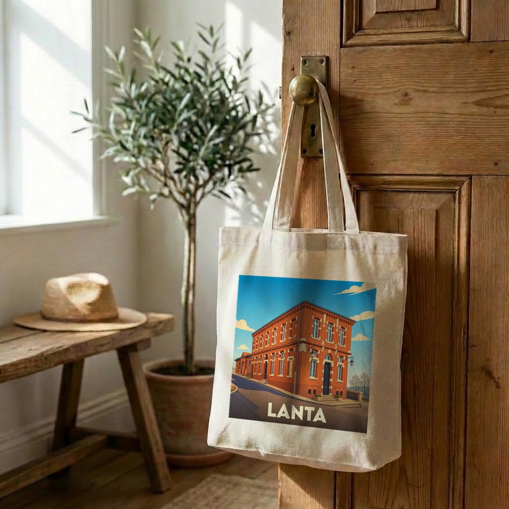 Tote bag souvenir de la ville de Lanta avec une illustration stylisée.