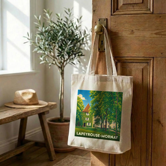 Tote bag souvenir de la ville de Lapeyrouse-Mornay avec une illustration de château dans un parc arboré.