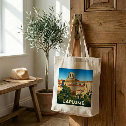 Tote bag souvenir de la ville de Laplume avec une illustration stylisée.