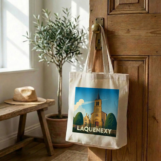 Tote bag souvenir de la ville de Laquenexy avec une illustration stylisée de son église.