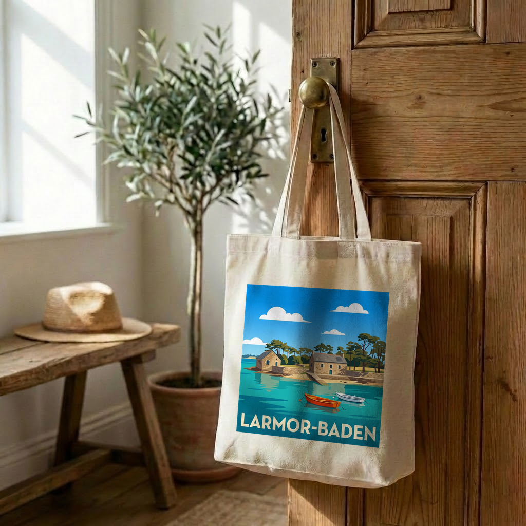 Tote bag souvenir de la ville de Larmor-Baden avec une illustration stylisée.