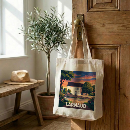 Tote bag souvenir de la ville de Larnaud avec une illustration stylisée.