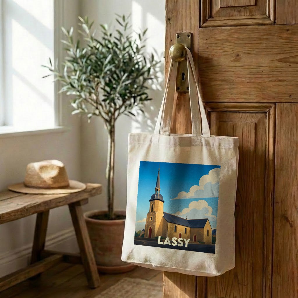 Tote bag souvenir de la ville de Lassy avec une illustration stylisée de son église.