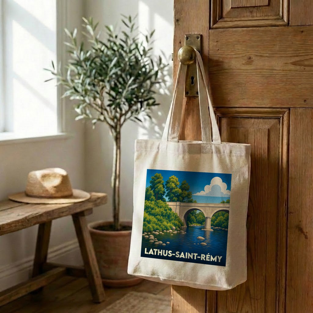Tote bag souvenir de la ville de Lathus-Saint-Rémy avec une illustration stylisée de son pont.