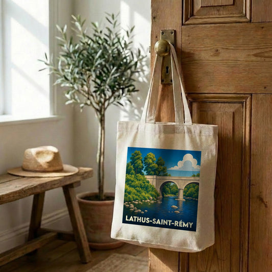 Tote bag souvenir de la ville de Lathus-Saint-Rémy avec une illustration stylisée de son pont.