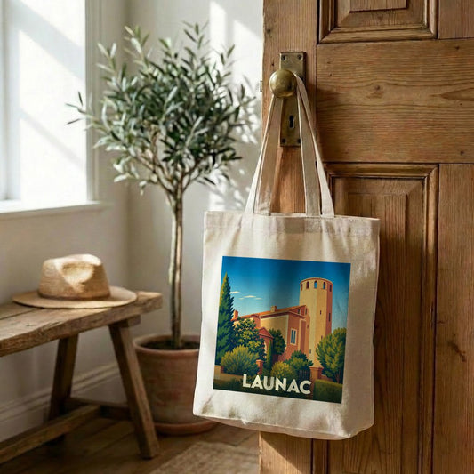 Tote bag souvenir de la ville de Launac orné d'une illustration stylisée de son château.