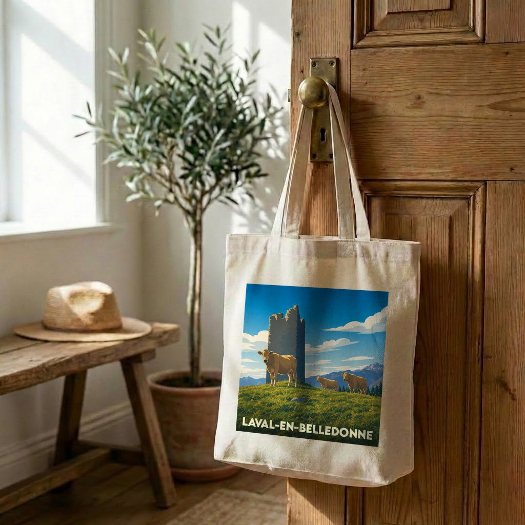 Tote bag souvenir de Laval-en-Belledonne avec une illustration stylisée de vaches devant une tour en pierre.