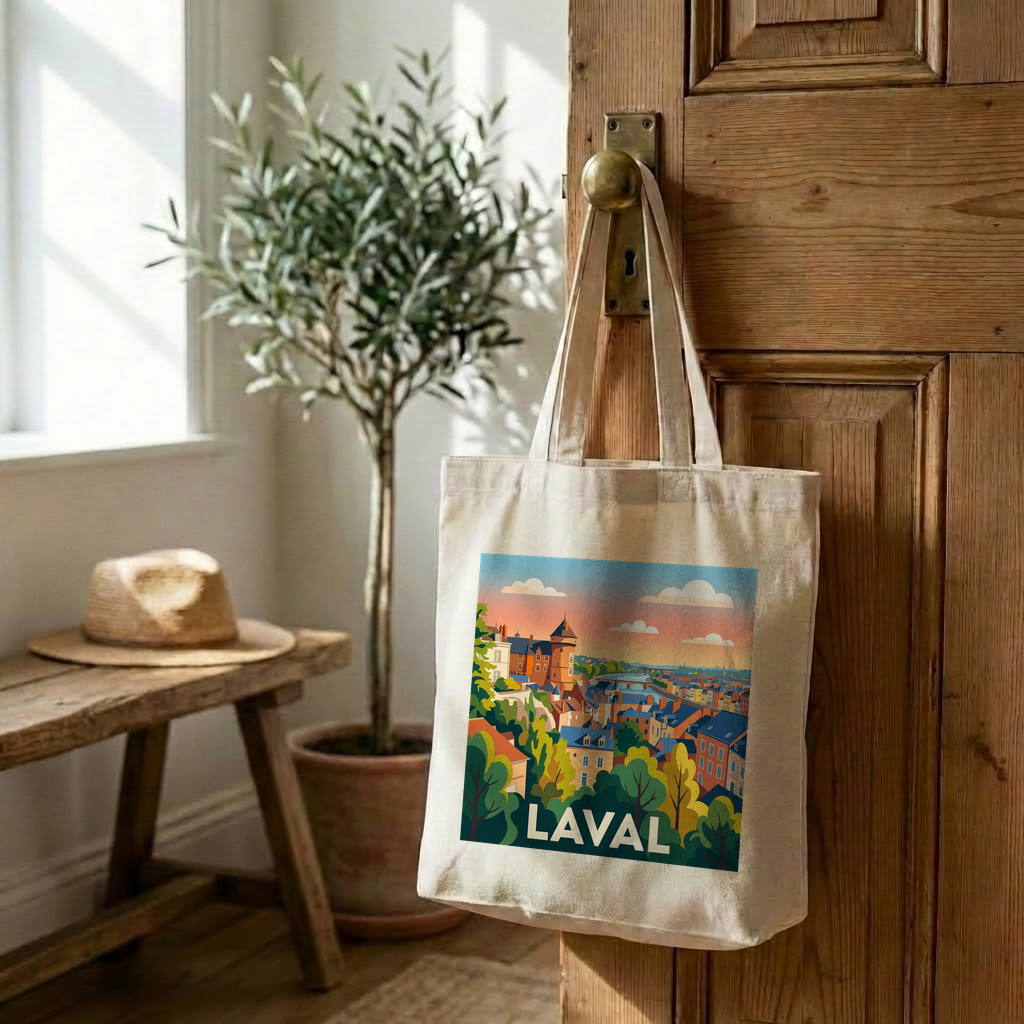 Tote bag souvenir de la ville de Laval orné d'une illustration stylisée et colorée.