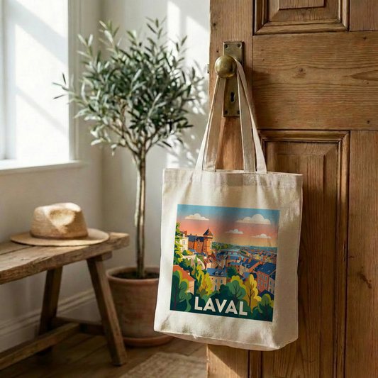 Tote bag souvenir de la ville de Laval orné d'une illustration stylisée et colorée.