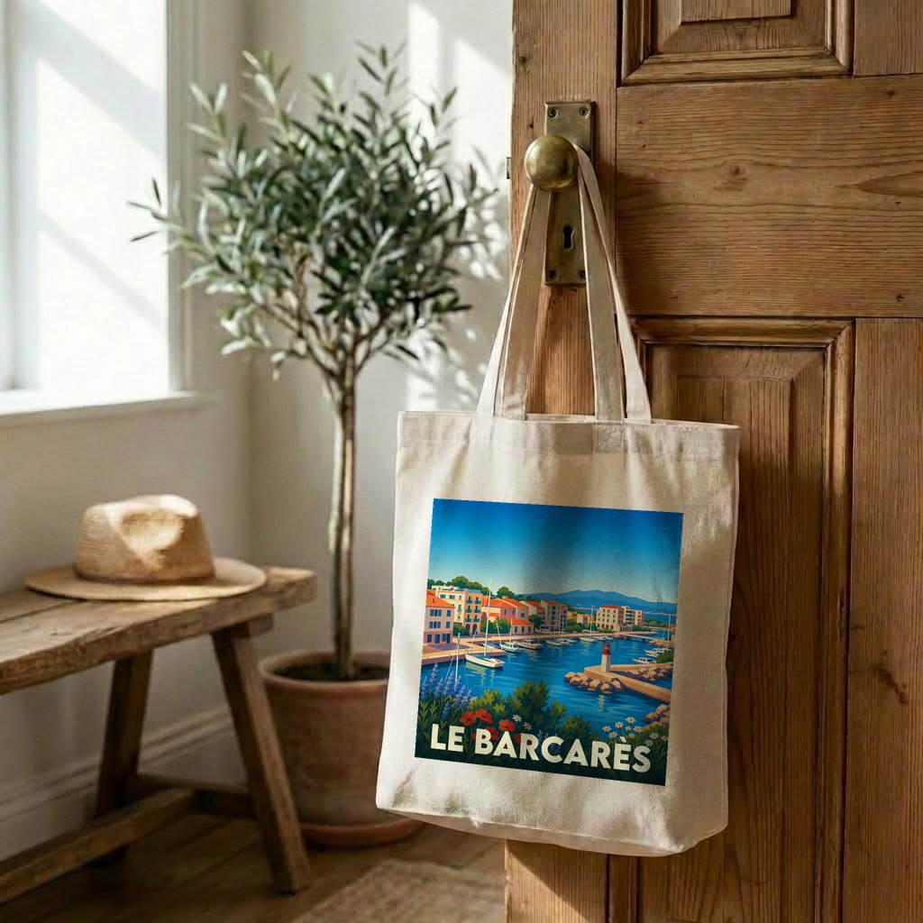 Tote bag souvenir de la ville de Le Barcarès avec une illustration stylisée de son port.
