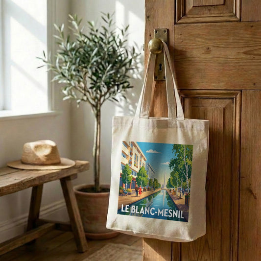 Tote bag souvenir de la ville de Le Blanc-Mesnil avec une illustration stylisée.