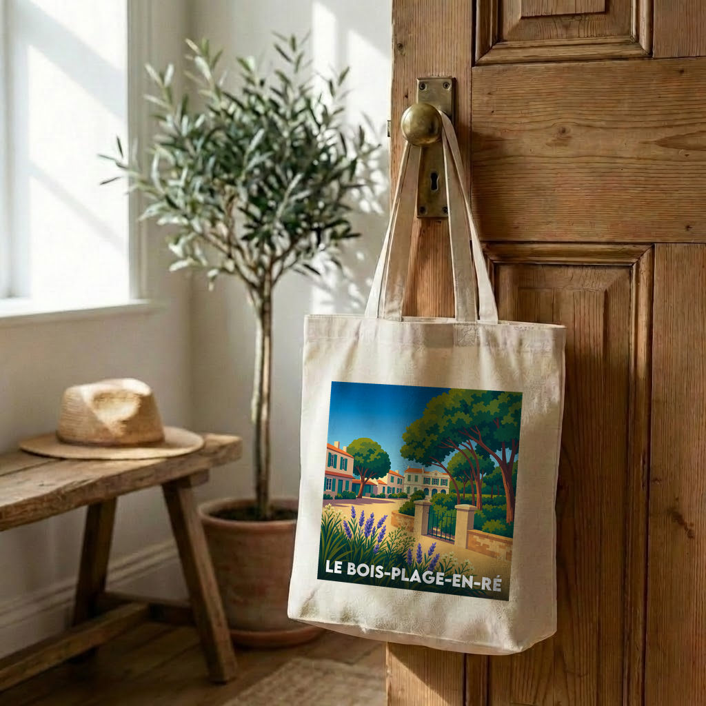 Tote bag souvenir de la ville de Le Bois-Plage-en-Ré avec une illustration stylisée.