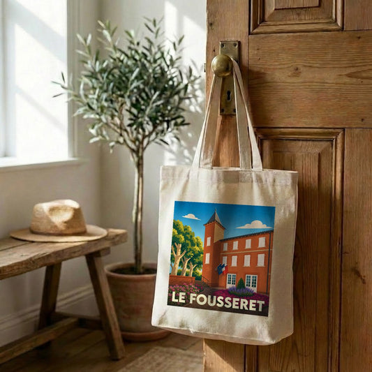 Tote bag souvenir de la ville du Fousseret avec une illustration stylisée de sa mairie.