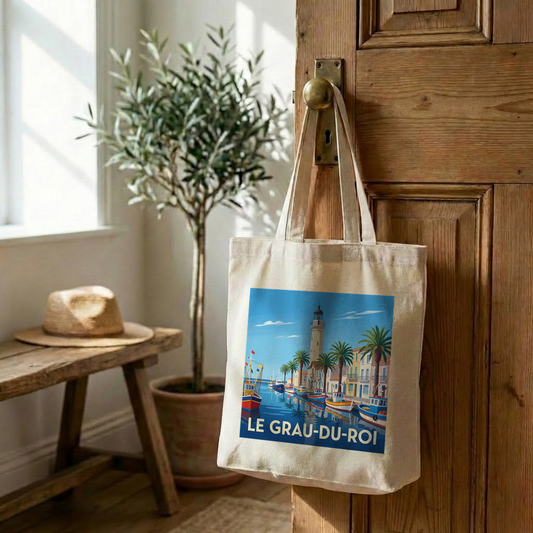 Tote bag souvenir de la ville de Le Grau-du-Roi avec une illustration stylisée.