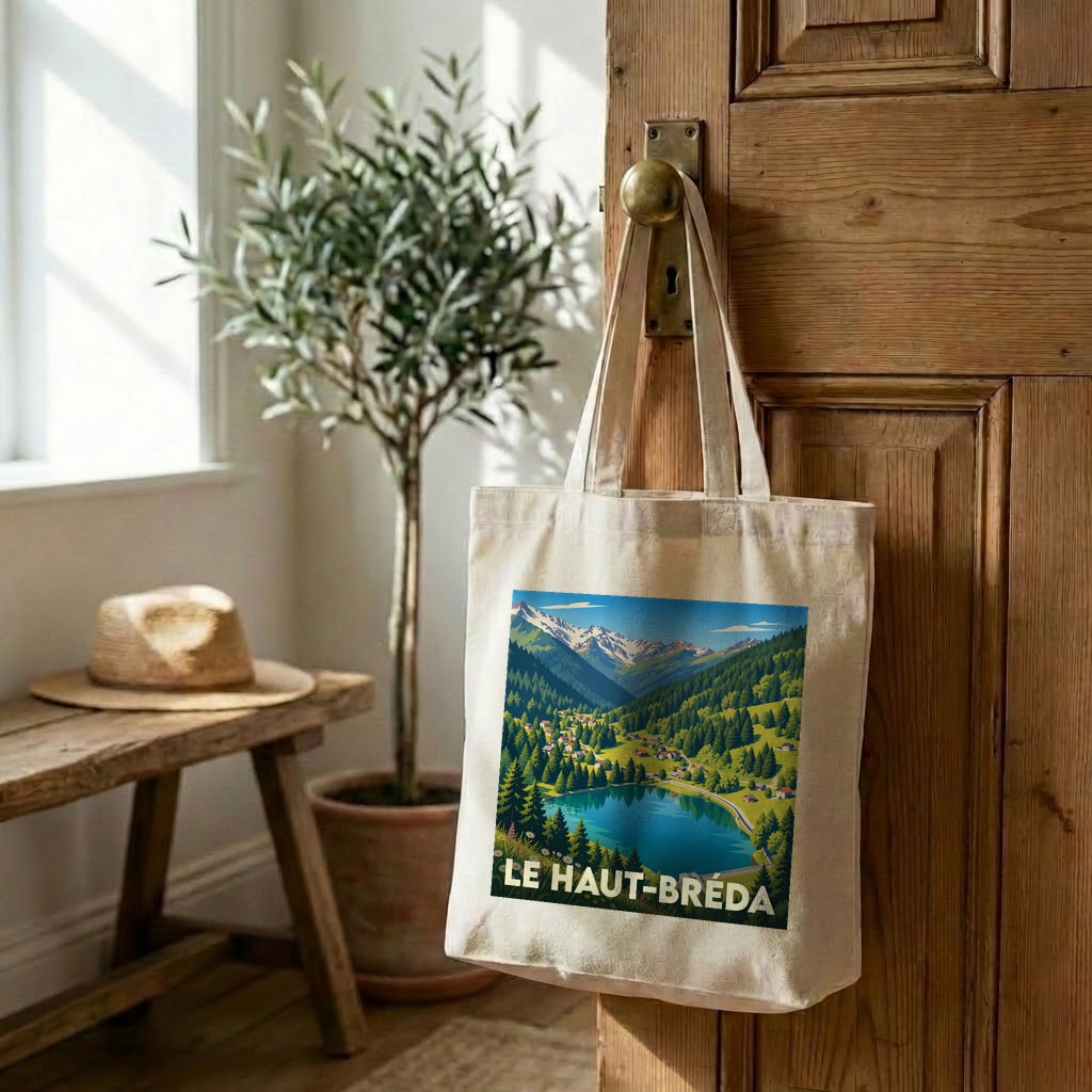 Tote bag souvenir de la ville de Le Haut-Bréda avec une illustration de paysage montagneux.