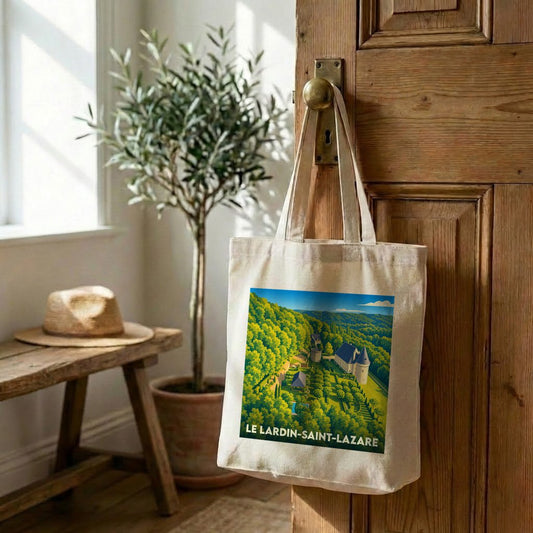 Tote bag souvenir de la ville de Le Lardin-Saint-Lazare avec une illustration paysagère stylisée.