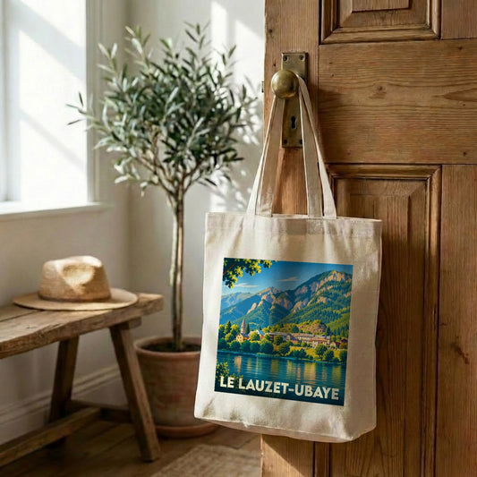 Tote bag souvenir de la ville de Le Lauzet-Ubaye avec une illustration paysagère stylisée.