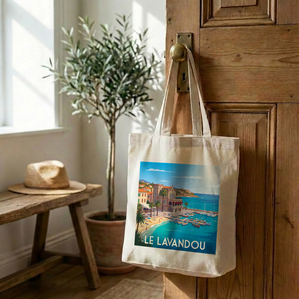 Tote bag souvenir de la ville de Le Lavandou avec une illustration stylisée.