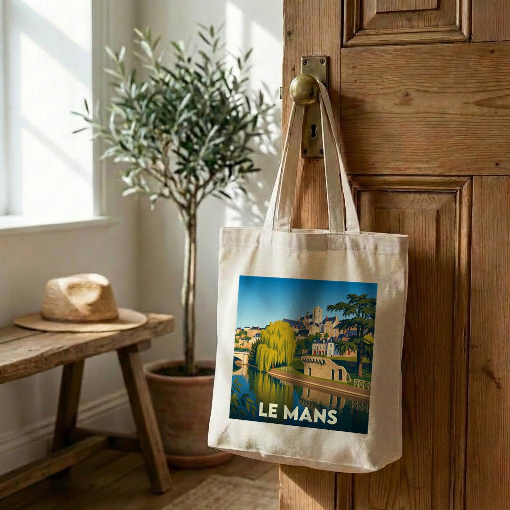 Tote bag souvenir de la ville de Le Mans avec une illustration stylisée.