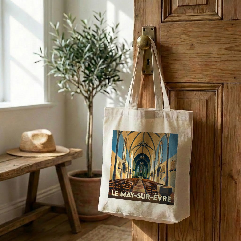 Tote bag souvenir de la ville de Le May-sur-Èvre avec une illustration stylisée d'une église.