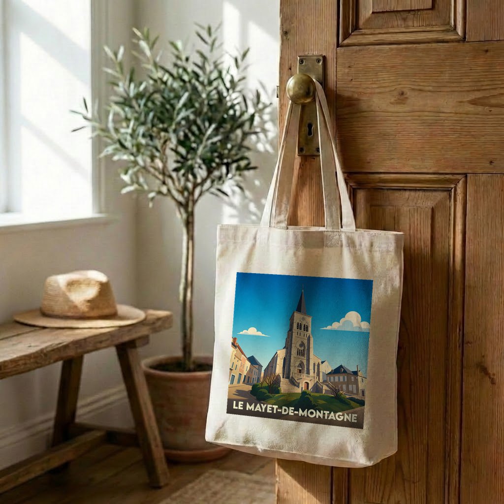 Tote bag souvenir de la ville de Le Mayet-de-Montagne avec une illustration stylisée de son église.