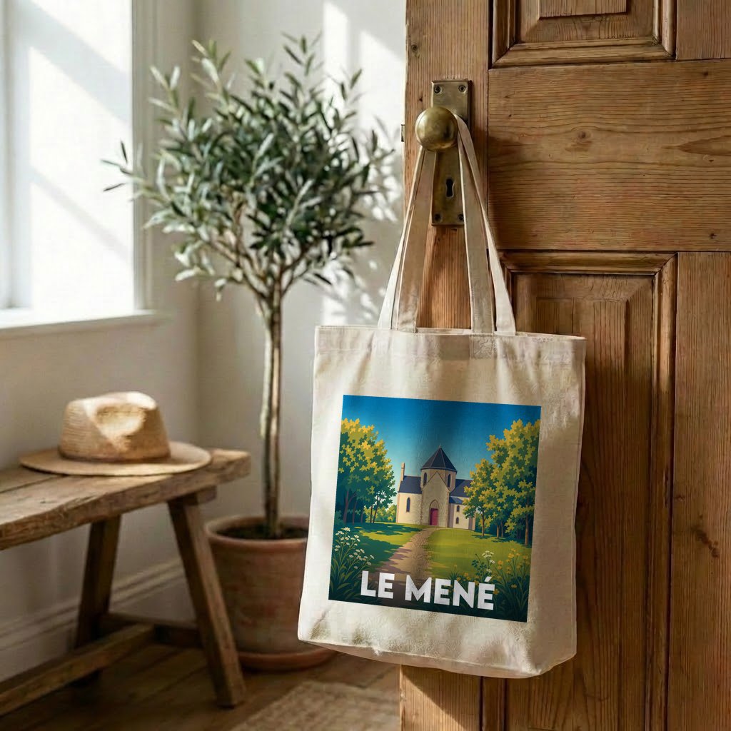Tote bag souvenir de la ville de Le Mené avec une illustration stylisée d'un bâtiment historique entouré d'arbres.