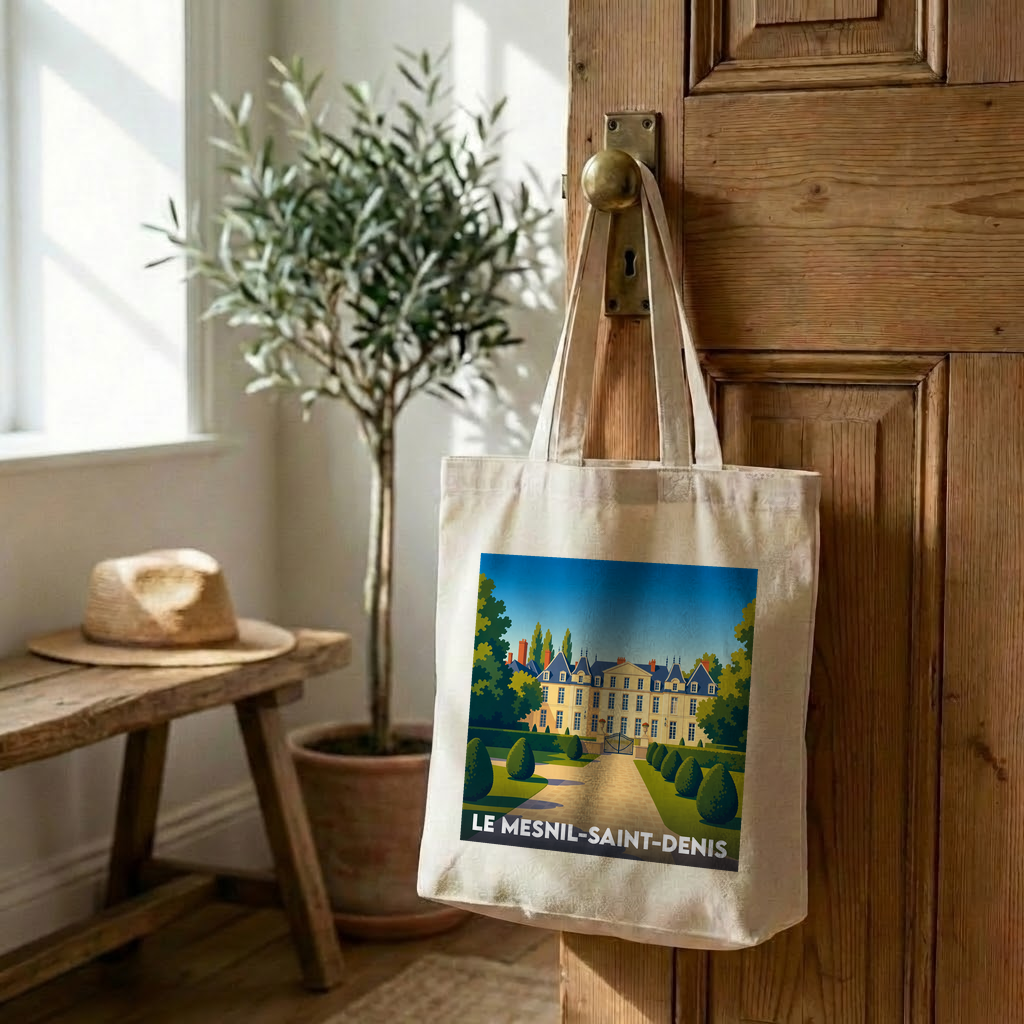 Tote bag souvenir de la ville de Le Mesnil-Saint-Denis avec une illustration stylisée de son château.