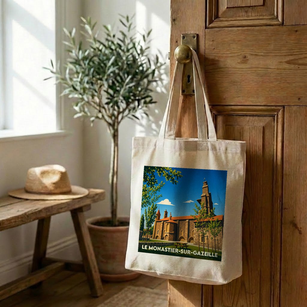 Tote bag souvenir de la ville du Monastier-sur-Gazeille avec une illustration stylisée de son église abbatiale.