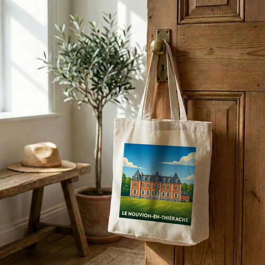 Tote bag souvenir de la ville de Le Nouvion-en-Thiérache avec une illustration stylisée.