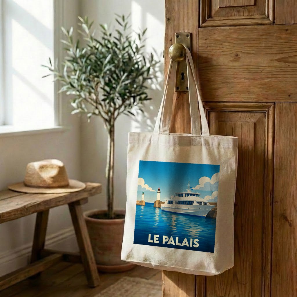 Tote bag souvenir de la ville de Le Palais avec une illustration stylisée d'un bateau et d'un phare.