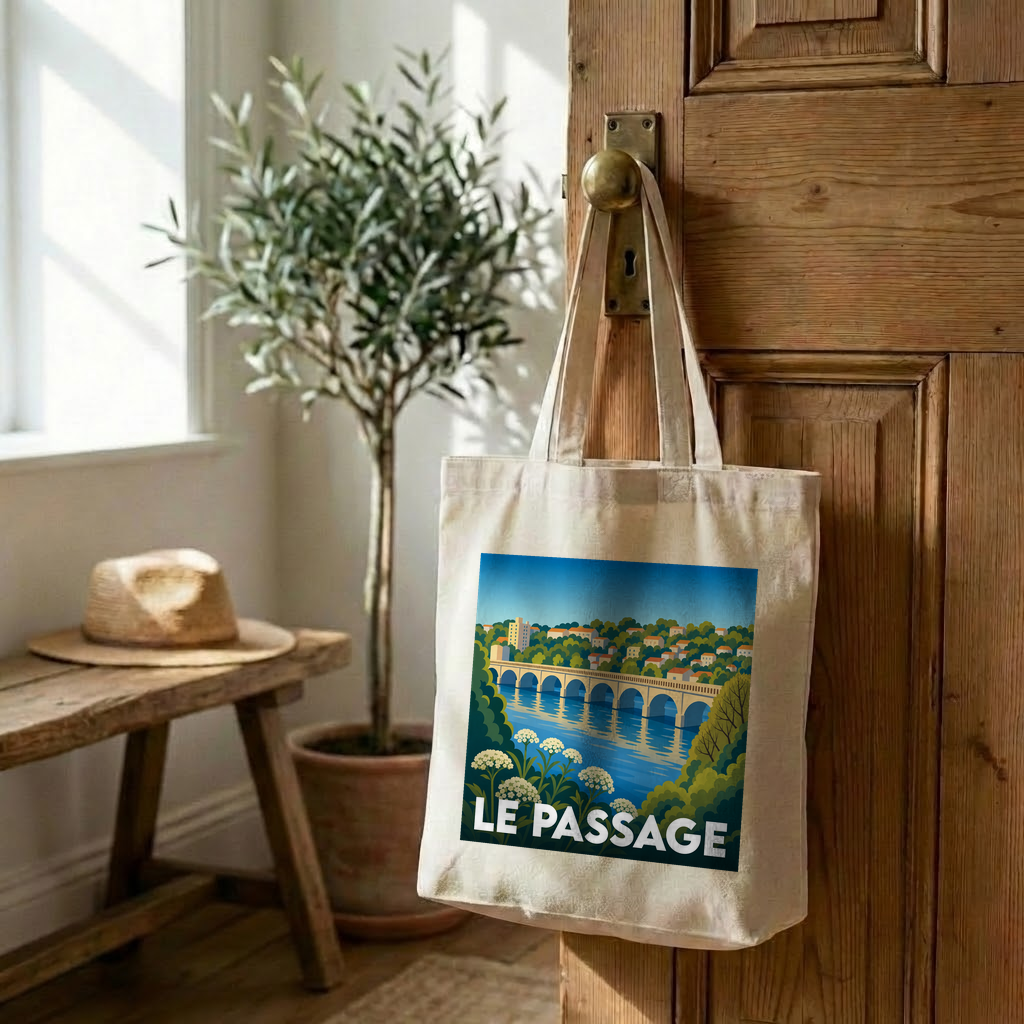 Tote bag souvenir de la ville de Le Passage avec une illustration stylisée.