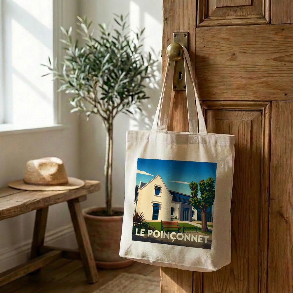 Tote bag souvenir de la ville de Le Poinçonnet avec une illustration stylisée.