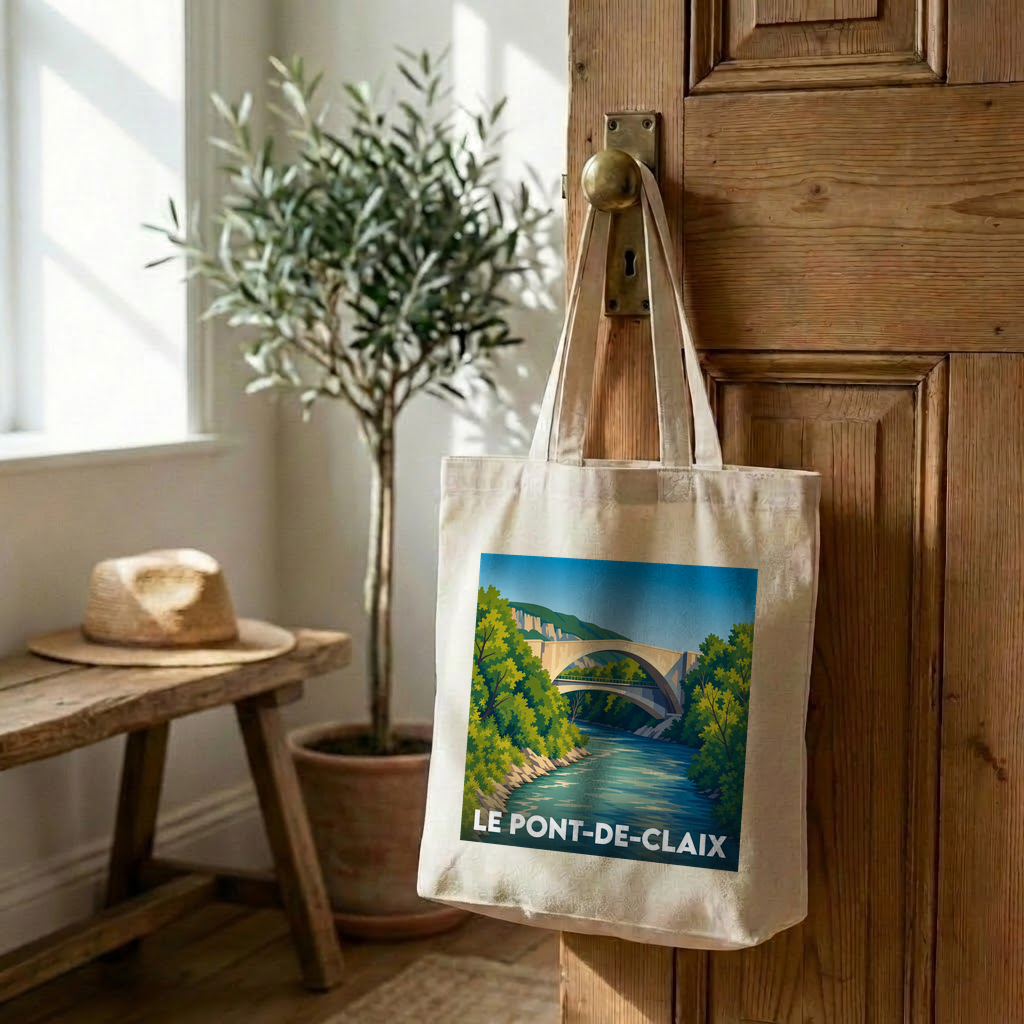 Tote bag souvenir de la ville de Le Pont-de-Claix avec une illustration stylisée d'un pont.