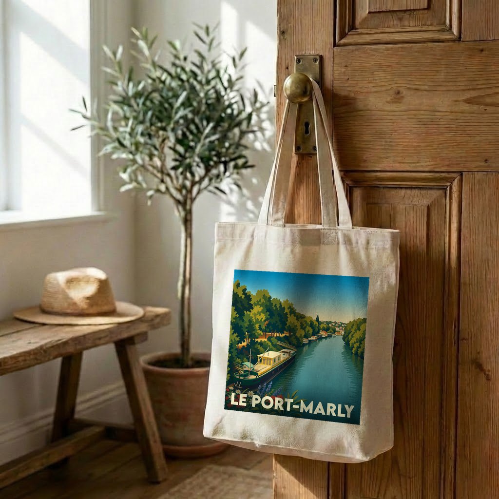 Tote bag souvenir de la ville de Le Port-Marly avec une illustration stylisée d'un paysage fluvial.