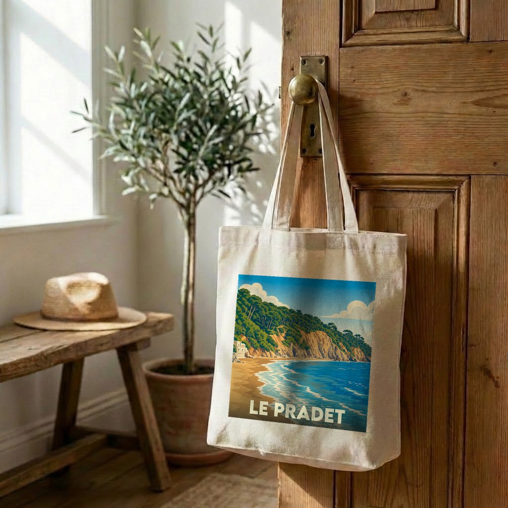 Tote bag souvenir de la ville de Le Pradet avec une illustration stylisée de son littoral.