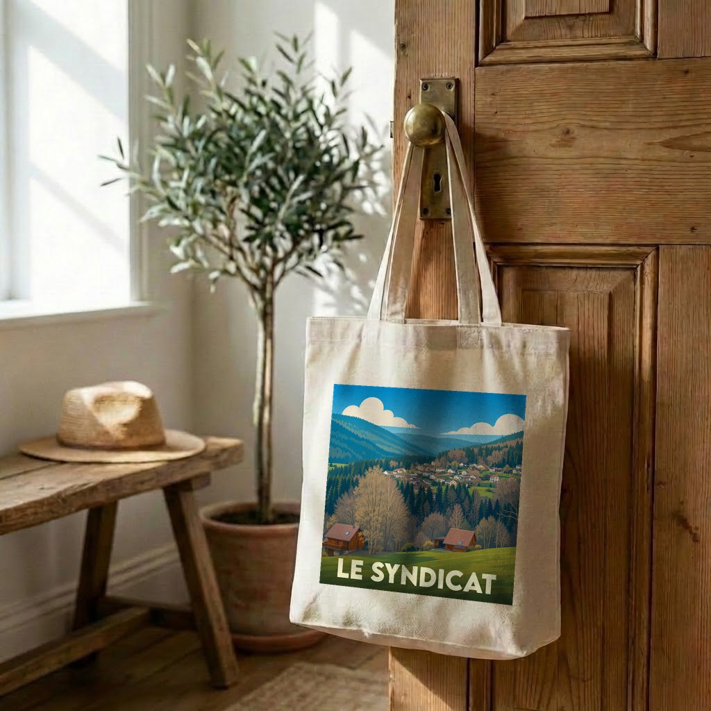 Tote bag souvenir de la ville de Le Syndicat avec une illustration de paysage montagneux.
