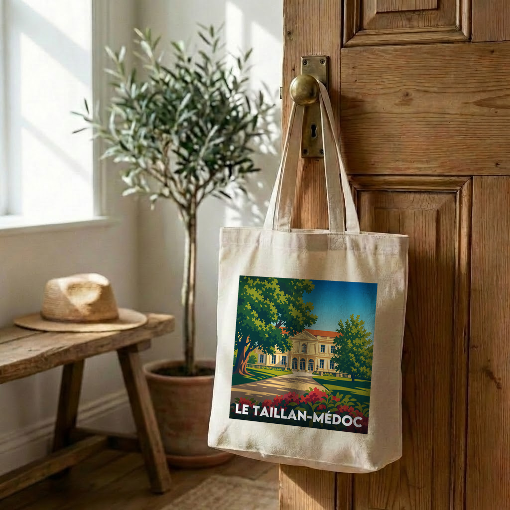 Sac cabas en toile souvenir de Le Taillan-Médoc illustré d'une vue stylisée d'un château et de son parc.